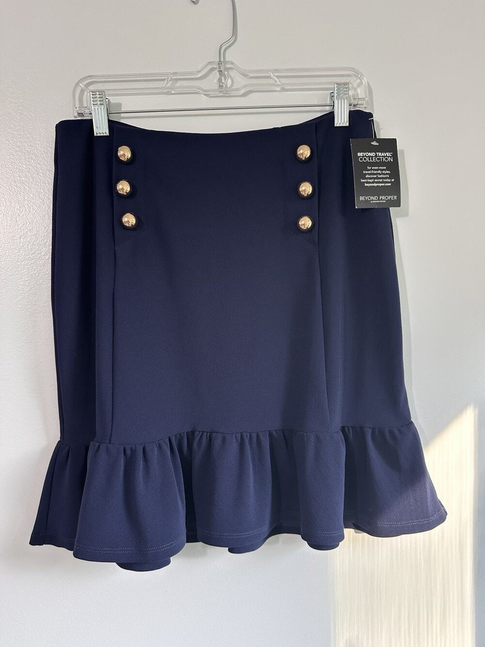 Boston Proper Skirt Womens Small Navy Blue Ruffle Hem Gold Button Nautical Knee